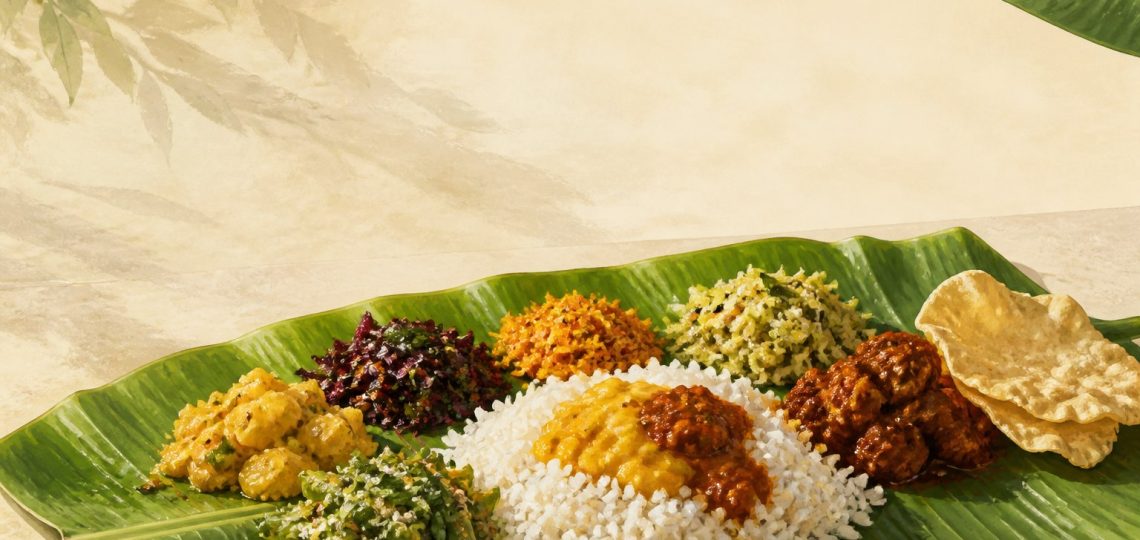 Editorial illustration of rice, curries and vegetable dishes served on a banana leaf