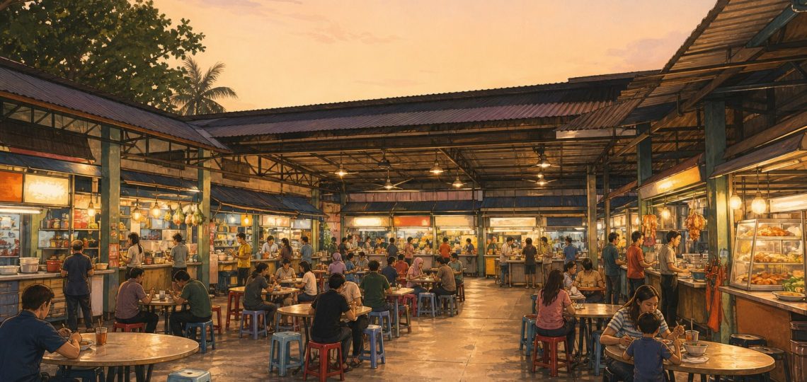 Editorial illustration of independent food stalls around shared seating in a Malaysian hawker centre