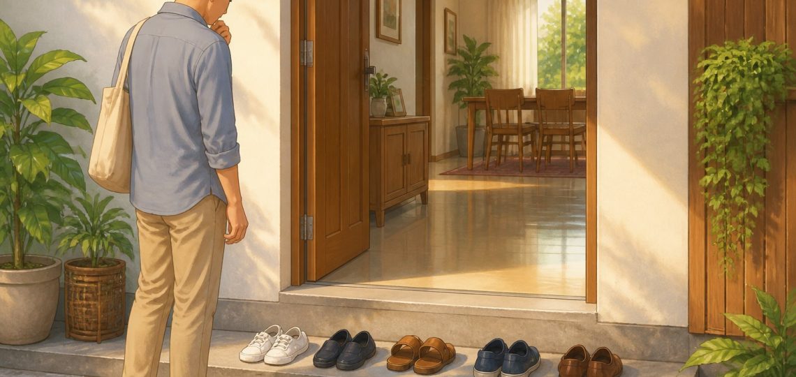 Editorial illustration of a guest noticing shoes placed outside a Malaysian home