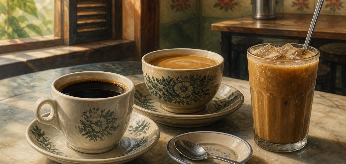Editorial illustration of black, milky and iced Malaysian kopi drinks on a kopitiam table