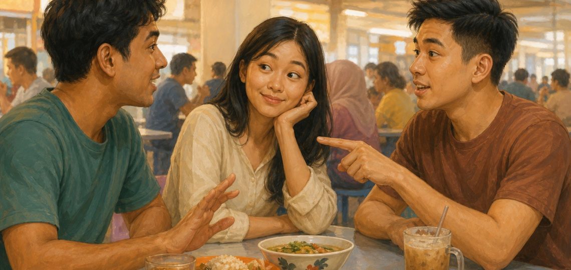 Editorial illustration of friends using gestures and tone in a casual Malaysian conversation