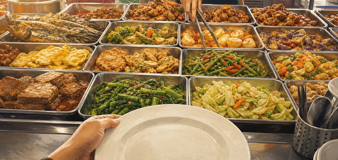 Editorial illustration of a customer choosing dishes at a Malaysian mixed-rice counter