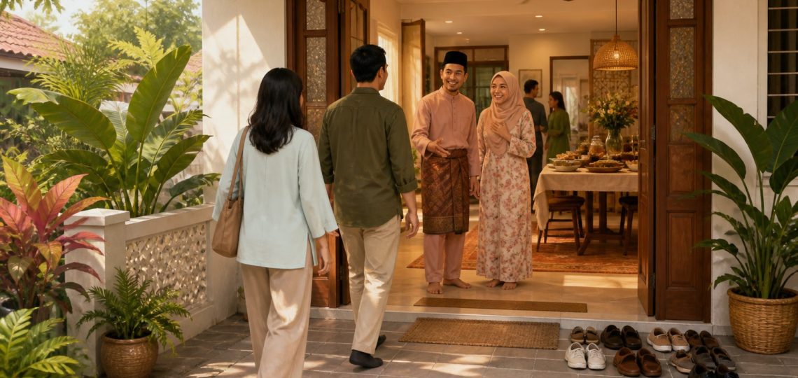 Editorial illustration of guests arriving at a welcoming Malaysian open house