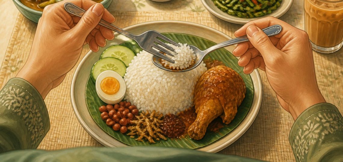Editorial illustration of a diner using a fork in the left hand to guide rice onto a spoon in the right