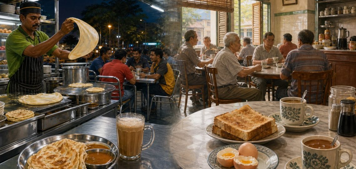 Editorial illustration comparing a night-time mamak setting with a morning kopitiam