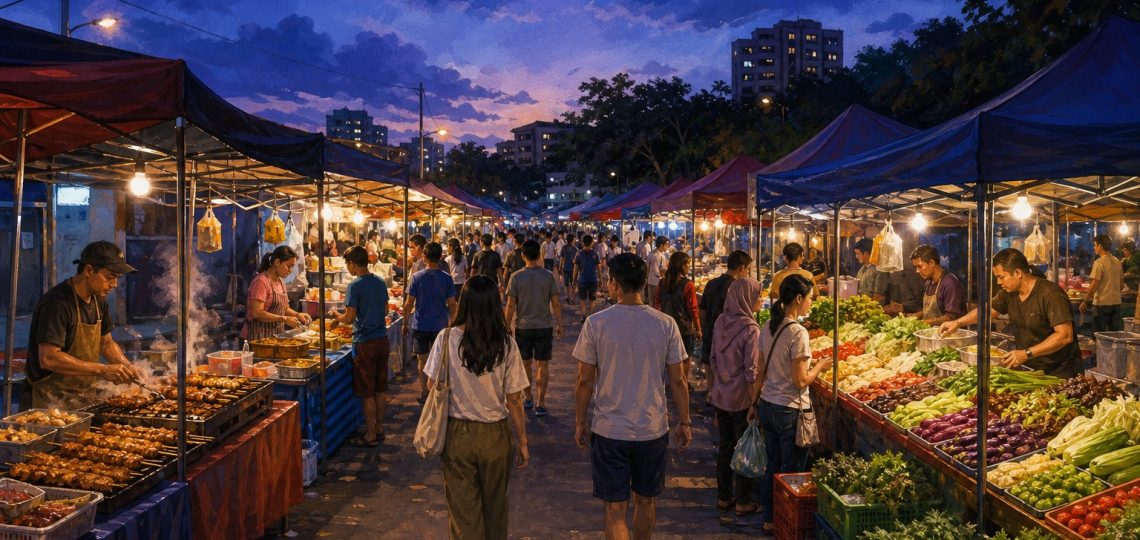 Editorial illustration of food and produce stalls along a Malaysian night market aisle