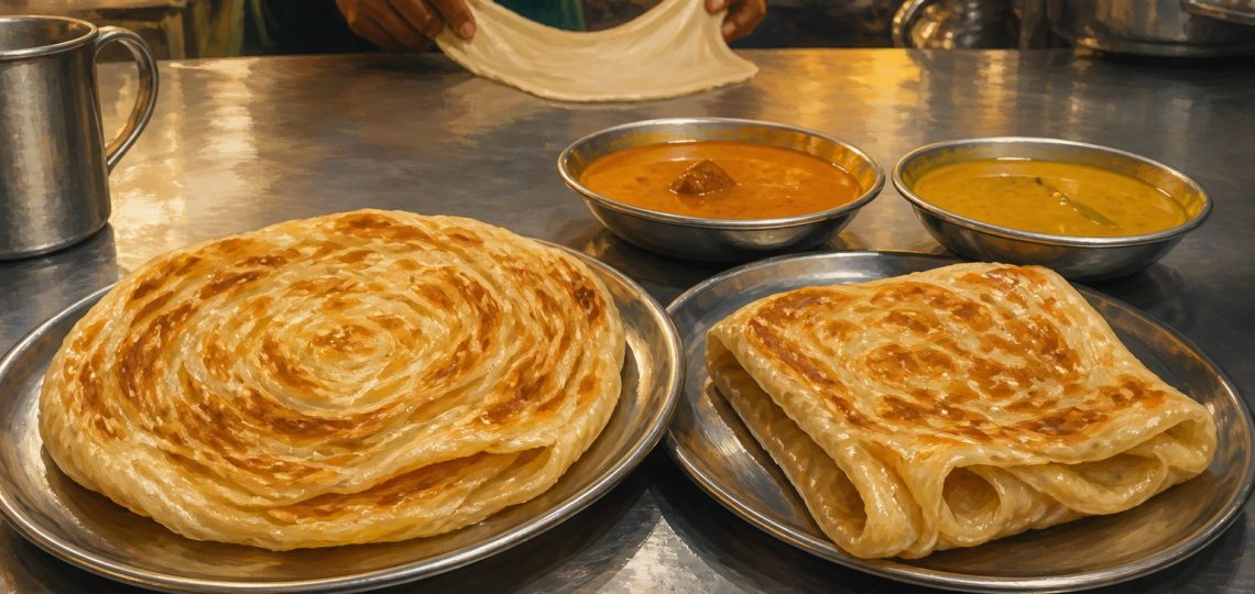 Editorial illustration of plain and folded roti canai served with dhal and curry