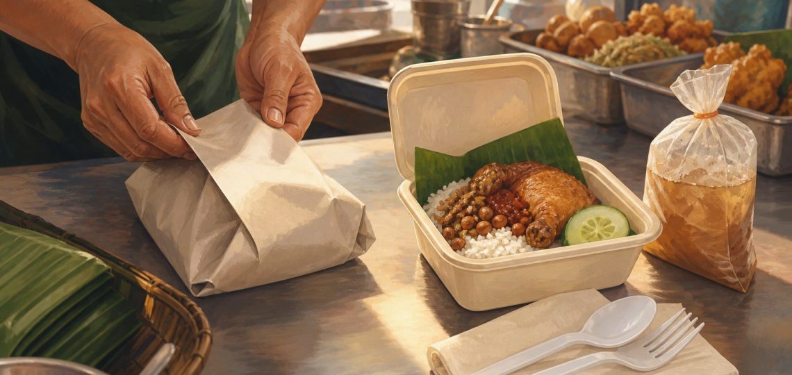 Editorial illustration of Malaysian takeaway food being wrapped and packed